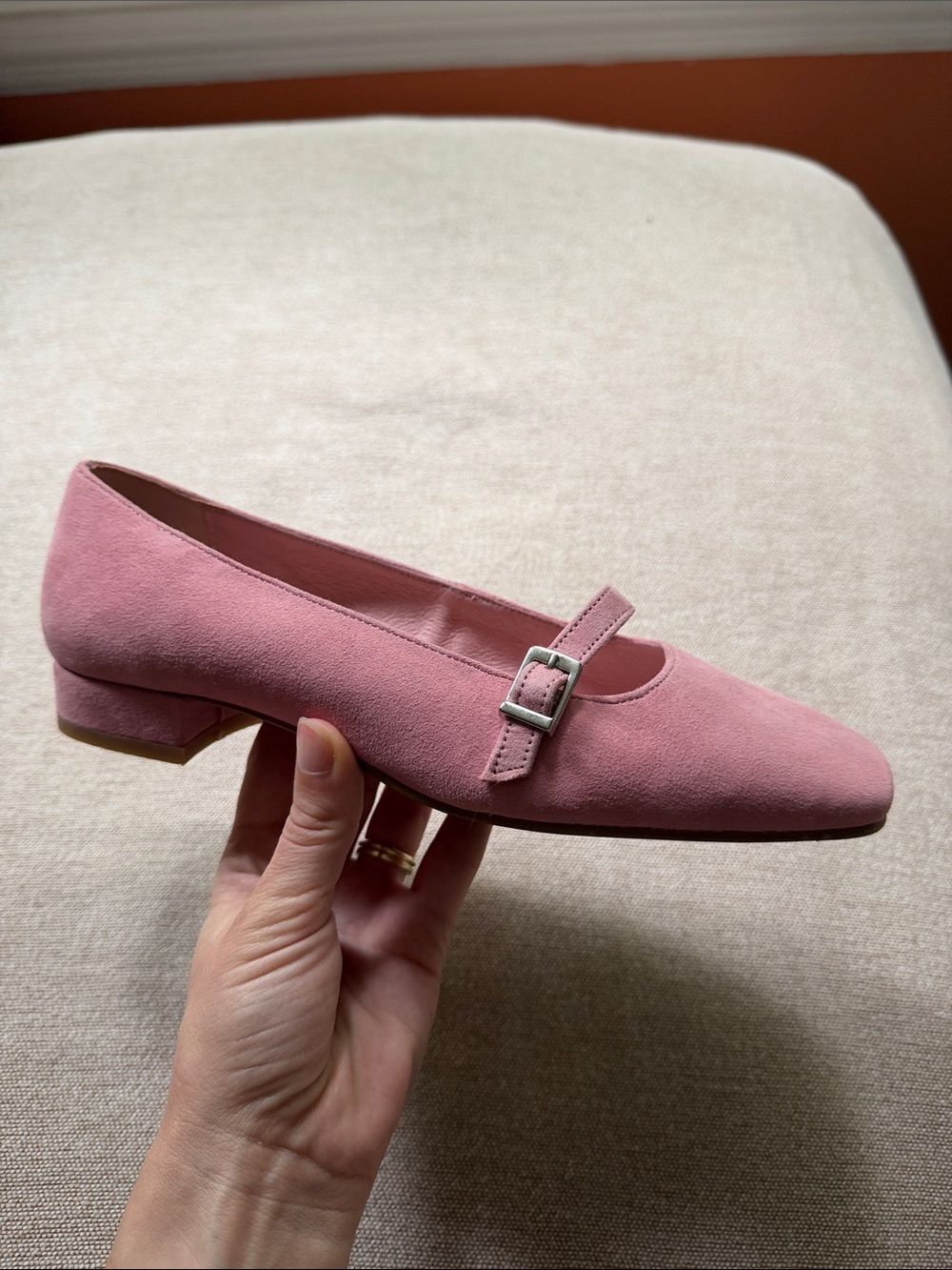 Pink Suede Mary Jane Flats with Buckle Strap - Made in Spain - Picture 3 of 8